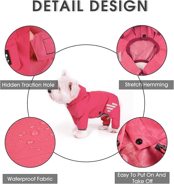Dog Raincoat, Waterproof Dog Rain Jacket with Hood, Rain Coat with Leash Hole, Reflective Strap for Small Medium Dogs, Outdoor Adventures/Walking Lightweight Puppy（Pink,XS）