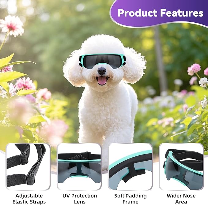 ENJOYING Dog Sunglasses Small Breed, Anti-UV Puppy Goggles for Small Dogs, Windproof Outdoor Dog Eye Protection for Driving Biking, Adjustable Head Straps, Cute Blue