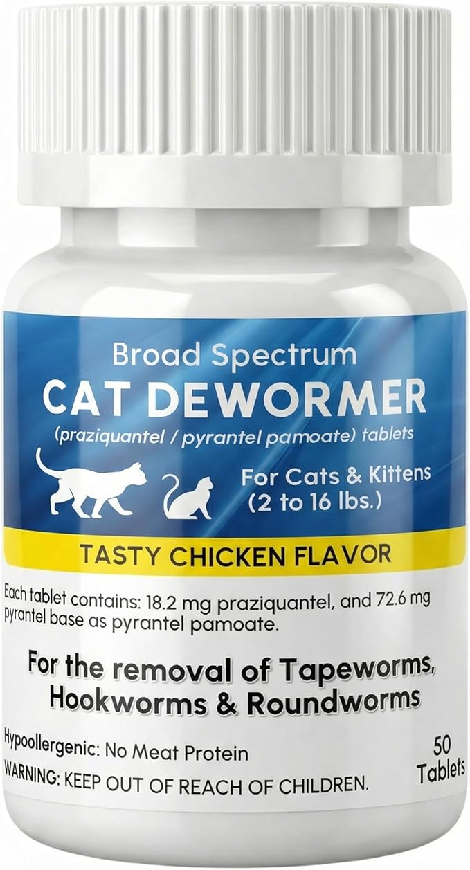 Broad Spectrum Dewormer for Cats and Kittens – Praziquantel and Pyrantel Pamoate Tablets – Removes Tapeworm, Roundworm & Hookworm – Fast Acting Formula (50 Tablets)