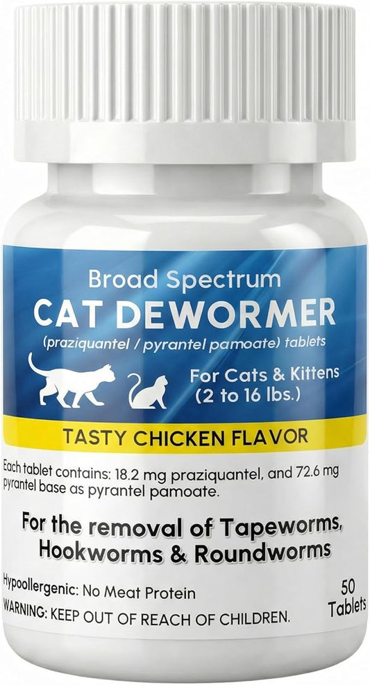 Broad Spectrum Dewormer for Cats and Kittens – Praziquantel and Pyrantel Pamoate Tablets – Removes Tapeworm, Roundworm & Hookworm – Fast Acting Formula (50 Tablets)