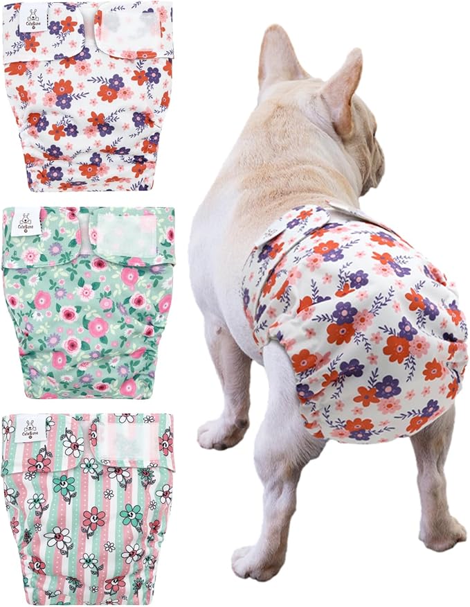 CuteBone Washable Dog Diapers Female No Tail Hole 3 Pack Reusable Doggie Period Training Pants for Docked-Tail Frenchie French Bulldog Boston Terrier Without Tail WWD35XS