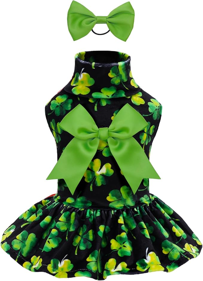 CuteBone Turtleneck Dog Velvet Dress St. Patrick's Day Four Leaf Clover Puppy Skirt Costume Pet Clothes Cat Apparel with Bow Hair Rope for Small Dogs CVD20M