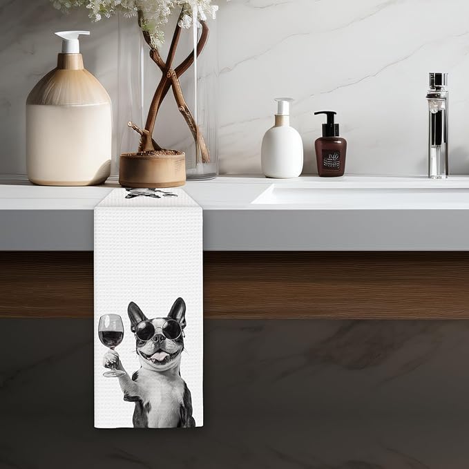 Boston Terrier Gifts Wine Dog Kitchen Towels, Gifts for Boston Terrier Dog Wine Lovers Decorative Hand Dish Towel for Kitchen Home Bar,Funny BostonTerrier Dogs Home Bar Kitchens Decor(16x24Inch)