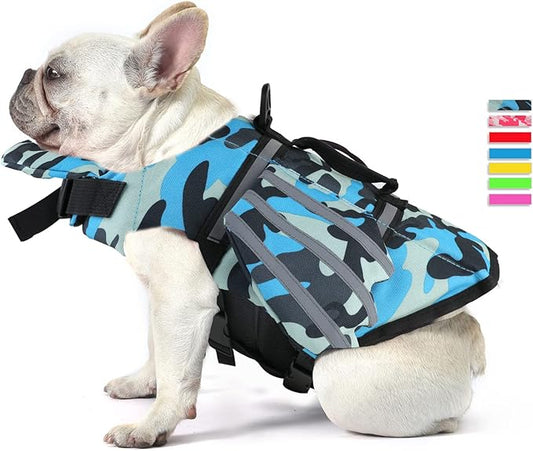 Dog Life Jacket, Wings Pet Life Vest for Swimming Boating Reflective Dog Flotation Swim Vest with Handle and Chin Float for Small Medium Large Size Dogs - Blue Camo, M