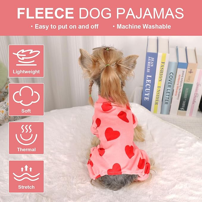 Dog Pajamas for Small Dogs Girl Boy Super Soft Dog Clothes Fleece Puppy Pjs Jammies 4 Leg for Chihuahua Yorkie Spring Onesies Jumpsuit Clothing Cute Pet Outfits, Pink Heart, XS