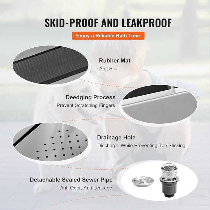VEVOR 34" Dog Wash Station with Ramp, Durable Stainless Steel Pet Bathing Tub, Includes Storage Drawer, Faucet & Accessories, Suitable for Large to Small Dogs, Home Use Washing Basin (Right)