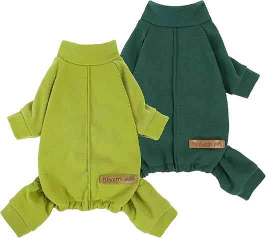 Fitwarm 2 Pack Lightweight Fleece Dog Pajamas, Warm Winter Clothes for Small Dogs Boy Girl, Cozy Pet Onesie with Feet, Yellow Green, Dark Green, Large