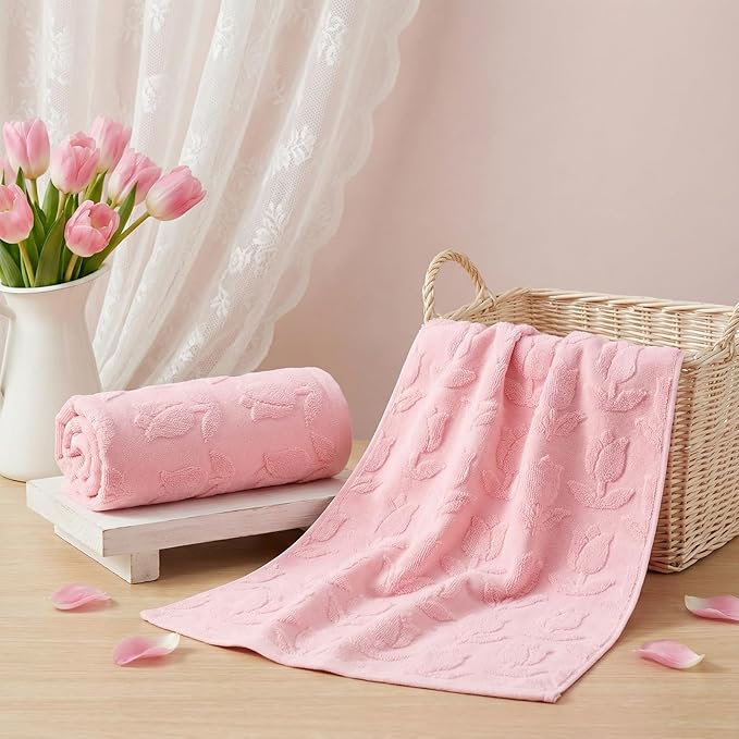 2pcs Pink Tulip Hand Towels for Bathroom Pink Spring Cotton Jacquard Kitchen Bath Hand Towels Set Decorative Weave Floral 3D Kitchen Dish Towel Soft Absorbent Bathroom Towel Home Decor Gift