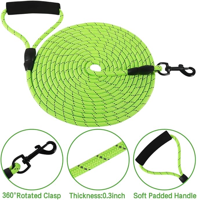 Vivifying Floating Long Dog Leash, 20ft Dog Training Leash for Swimming and Lake, Reflective Long Rope Lead with Soft Handle for Outside, Yard, Camping, Hiking and Beach (Green)