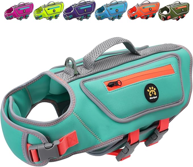 High Buoyancy Life Jacket for Dogs, Dog Life Vest for Swimming Adjustable Reflective Dog Floating Vest, Good Visibility Pet Life Preserver with Rescue Handle for Medium Dogs, Turquoise, M