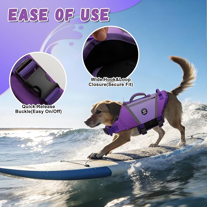 EMUST Dog Life Vest, Lightweight Life Jacket for Dogs with Pockets, Stylish Dog Life Preserver with Rescue Handle & Reflective Stripes for Swimming, Boating, Kayaking, Purple, XS
