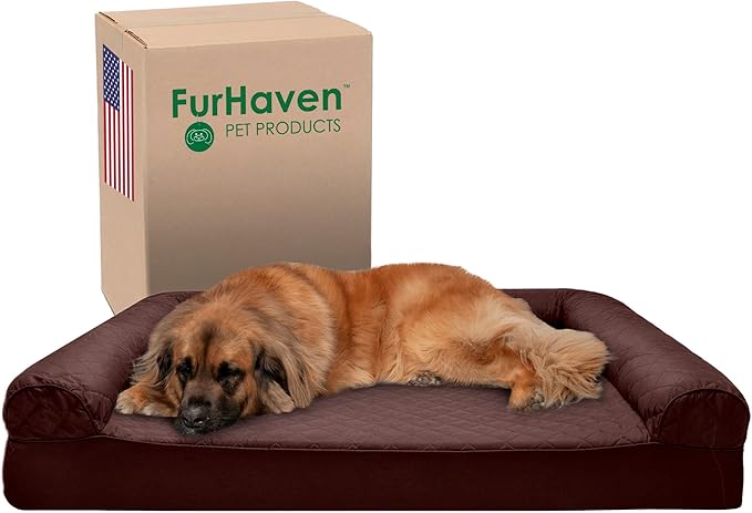 Furhaven Memory Foam Dog Bed for Large Dogs w/ Removable Bolsters & Washable Cover, For Dogs Up to 125 lbs - Quilted Sofa - Coffee, Jumbo Plus/XXL