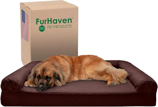 Furhaven Memory Foam Dog Bed for Large Dogs w/ Removable Bolsters & Washable Cover, For Dogs Up to 125 lbs - Quilted Sofa - Coffee, Jumbo Plus/XXL