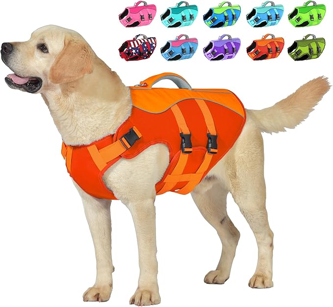 Dog Life Jacket, High Buoyancy Dog Life Vest with Handle for Swimming Boating, Adjustable Swimming Vest with Reflective Trim for Small Medium Large Dogs - Orange, XL