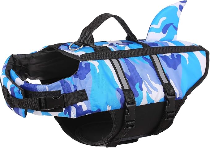 Queenmore Dog Life Jacket Pet Safety Vest High Buoyancy Camouflage Color Cute Shark with Strong Rescue Handle and Leash Ring for Boating, Canoeing, Surfing, Hunting, Blue S