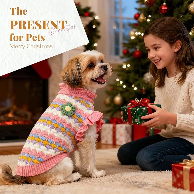 BAEJMJK Cute Flower Small Dog Sweater Soft Girl Dog Clothes Turtleneck Warm Pet Puppy Knitted Pullover Princess Dogs Cats Outfits(Pink,Medium)