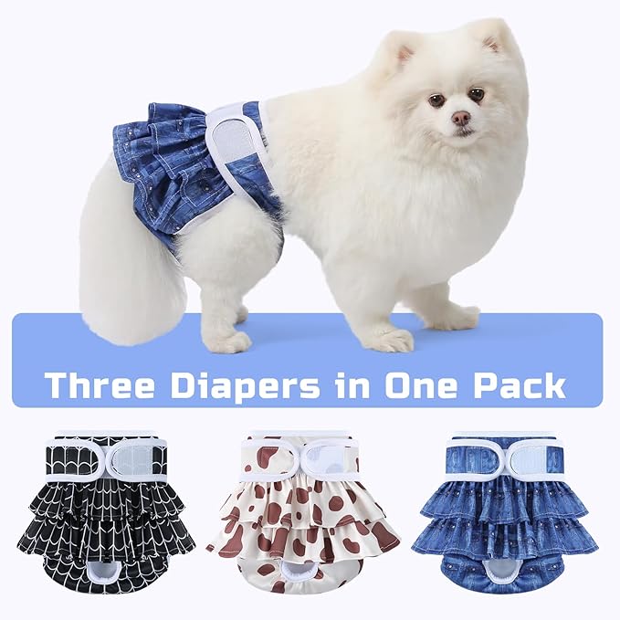Reusable Dog Diapers Female 3 Pack Doggie Diapers for Period Heat Incontinence Puppy Training (Small, Animal Print)