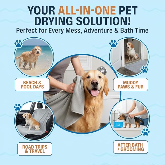 Dog Towel Keeps Your Pet Cozy After Every Use - Microfiber Towels for Drying Dogs & Cats - Quick & Efficient Grooming Gray Towel for Outdoor Play - Gently Dries Your Pet’s Fur 60x100cm Medium