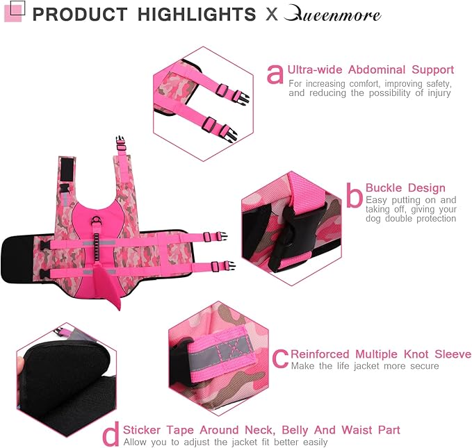 Queenmore Dog Life Jacket Ripstop Dog Shark Safety Vest Adjustable Preserver with High Buoyancy and Durable Rescue Handle for Small,Medium,Large Dogs, Pink Camouflage Large