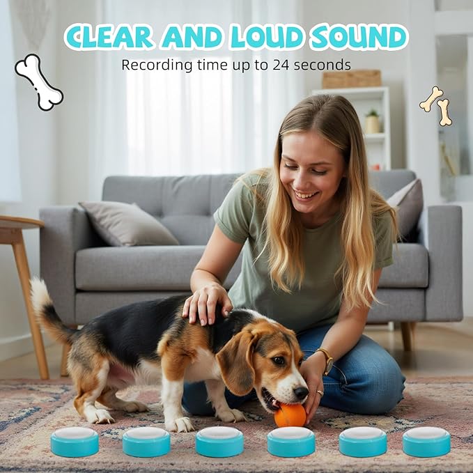 Voice Recording Button, Talking Buttons for Pet Communication, 24 Seconds Record & Playback, Set of 6 Recordable Buttons with Non-Slip Mat for Dog, Cat, Pet Training, Funny Gift for Home、Party, Blue