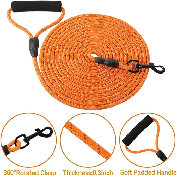 Vivifying Floating Long Dog Leash, 20ft Dog Training Leash for Outside and Yard, Reflective Long Line Lead with Soft Handle for Beach and Swimming (Orange)