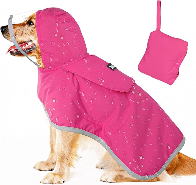 Lukovee Dog Raincoat, Adjustable Dog Rain Jacket with Clear Hooded Double Layer for Large Medium Small Dogs Puppies, Waterproof Rain Coat Poncho with Reflective Storage Pocket & Rim (Fuchsia,XXL)