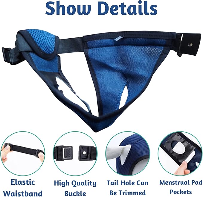 Every Pet Reusable Diapers with 3 Replace Diaper,Breathable Mesh Washable Dogs Sanitary Pads,Menstruation Diapers Panties Adjustable Sanitary Briefs for Small Medium and Large Dogs(3PCS Blue,Large)