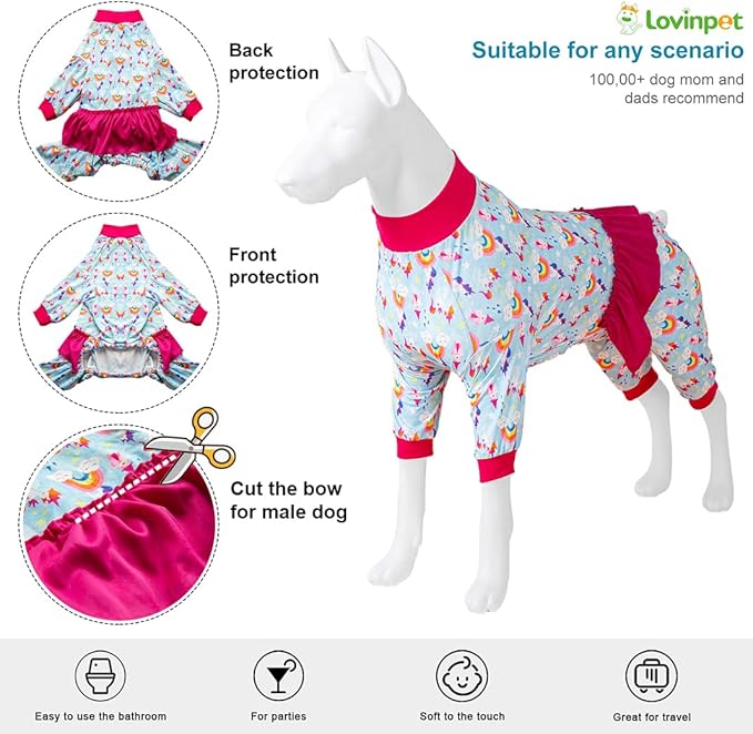 LovinPet Large Dog Pajamas, Dog Onesie UV Protection, Lightweight Stretchable Fabric, Post-Surgical Pajamas, Rainbow Castle Print, Undershirt for Dog Dresses, Pitbull Clothes, Red 2XL