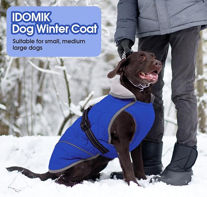 IDOMIK Dog Winter Jacket, Adjustable Waterproof Dog Warm Coat with Fleece Lining, Turtleneck Windproof Cold Weather Coats for Winter, Reflective Warm Snow Jacket for Maltese Shih Tzu,Blue,S
