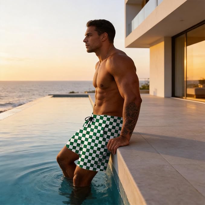 Mens Swim Trunks with Compression Liner Quick Dry Zipper Pocket Bathing
