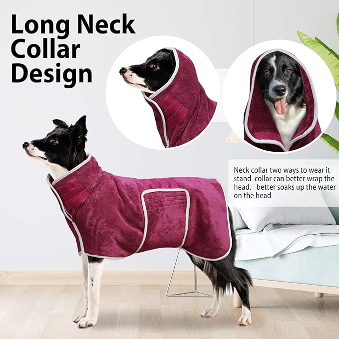 Dog Bathrobe Drying Coat - Super Absorbent Bath Robe for Large Dogs, Soft Adjustable Collar & Belly Strap Fast Drying Pet Towel for Dogs and Cats (Grey, Large)