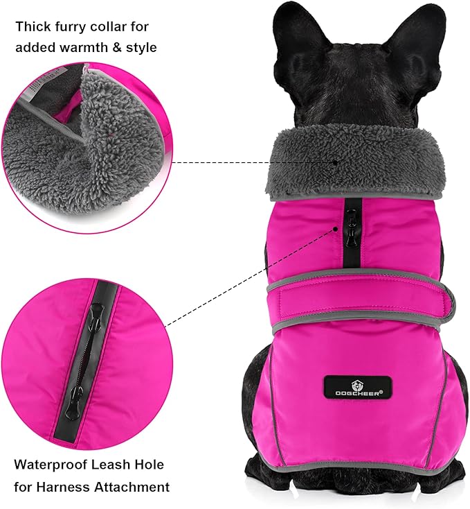 Dogcheer Dog Coat, Waterproof Dog Jacket Reflective Pet Winter Coat with Adjustable Hook & Loop, Christmas Puppy Fleece Jacket Warm Turtleneck Snowsuit for Small Medium Large Dogs - Pink, S