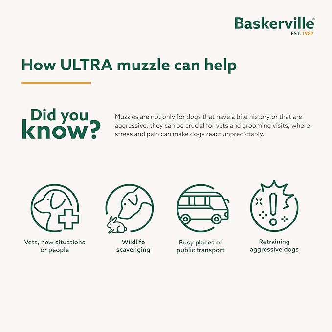 Baskerville ULTRA Muzzle - Patented Humane Design, Breathable, Dog can Pant and Drink, Adjustable, Padded, Dog Training Muzzle for Large Dogs, Prevents Biting, Wildlife Scavenging (Size 5, Black)