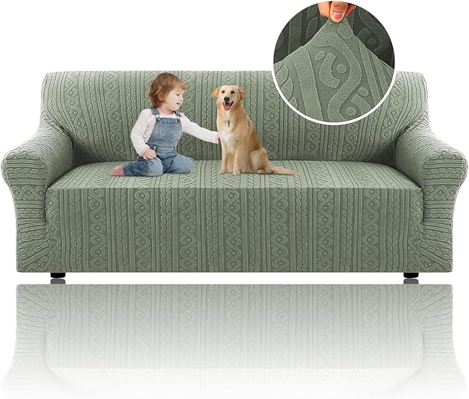 H.VERSAILTEX Jacquard Slip Covers for Sofas/Couches 3 Cushions 1 Piece Stretch Sofa Covers Furniture Protector Anti-Slip Soft Thickened Slipcovers Washable Spiral Pattern(Sofa, Sea Grass)