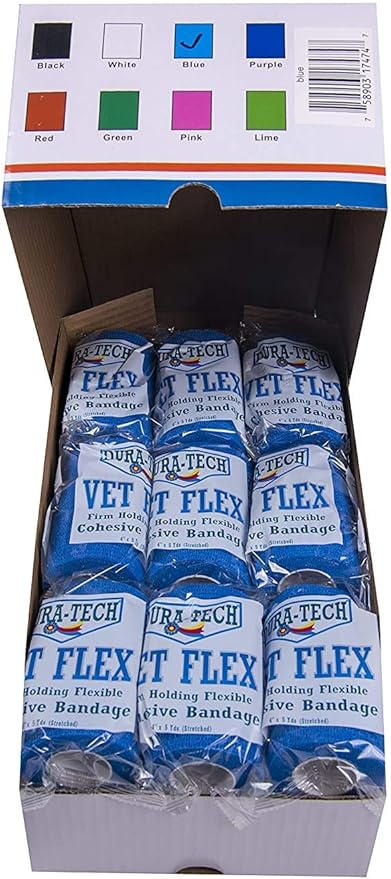 Dura-Tech Vet Flex Blue Bandage First Aid Wrap | for Horses, Dogs and Others | Self-Adhesive Cohesive Tape | 4” Wide and 5 Yards of Length | Package of 18 Rolls