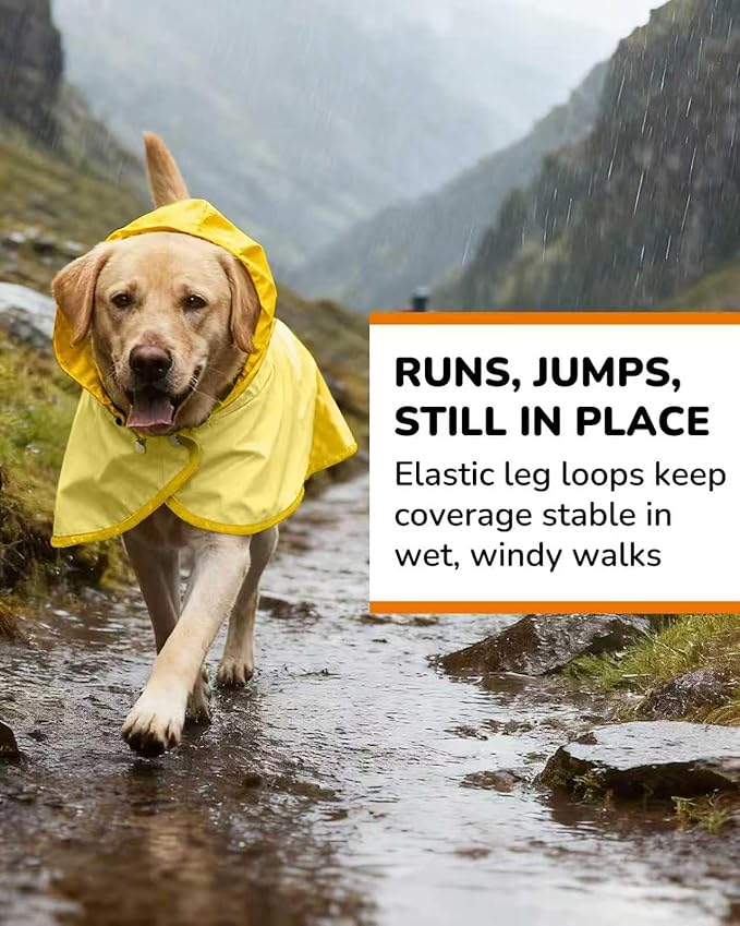 Waterproof Dog Raincoat with Hood, Extended Coverage Rain Jacket for Samll Dogs, Wind-Resistant Secure Fit with Leg Straps, Reflective, Leash Hole, Easy Hook & Loop Fastener On/Off, Yellow, S