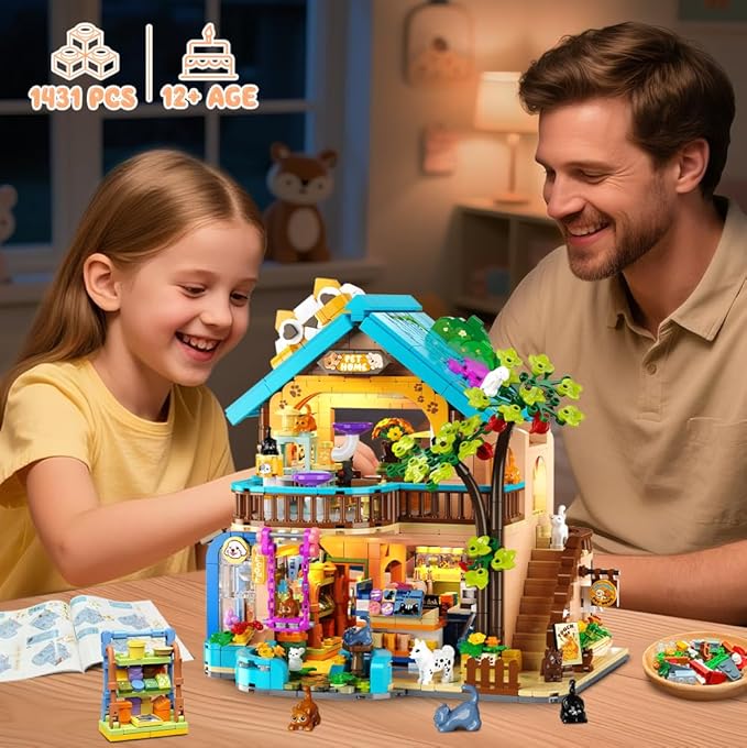 City Pet Shop Building Set with Lights, Cozy Pet Store Construction Toy with Cats Dogs, Cute Animal Store Miniature House Model Building Block Kit for Adults Kids Boys Girls Ages 8-12+