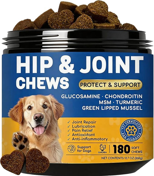 Dog Hip and Joint Supplement with Glucosamine & Chondroitin - Supports Mobility & Pain Relief for Senior & Large Dogs - 180 Soft Chews