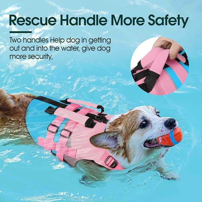 Kuoser Dog Life Jacket with Rescue Handle, High Flotation Dogs Swim Vest with Reflective Strips,Adjustable Dog Life Vest for Swimming, Boating, Pool&Beach, Doggy Lifejacket for Small Medium Large Dogs
