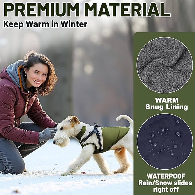 Dog Winter Coat for Small & Medium Dogs, Waterproof Dog Coat with Harness, Puppies Windproof Puppy Puffer Jacket, Snowsuit for Dachshund, Frenchie, Corgi (Classic Green,L)