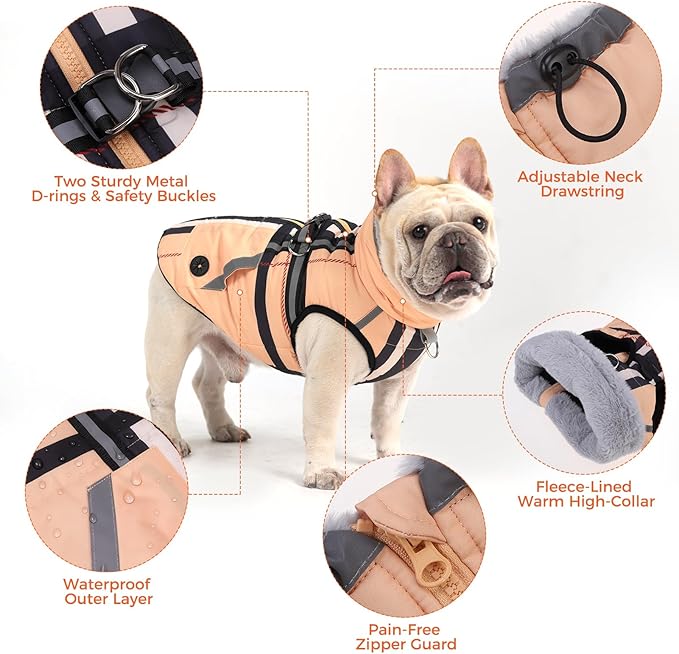 Mihachi Dog Snow Jacket Waterproof Dog Coat with Harness Built in,Thick Fleece Lined & Pockets,Turtleneck Warm Winter Jacket for Small Dogs Reflective Fleece Vest with Zipper,Snowsuit Outfit, Beige S