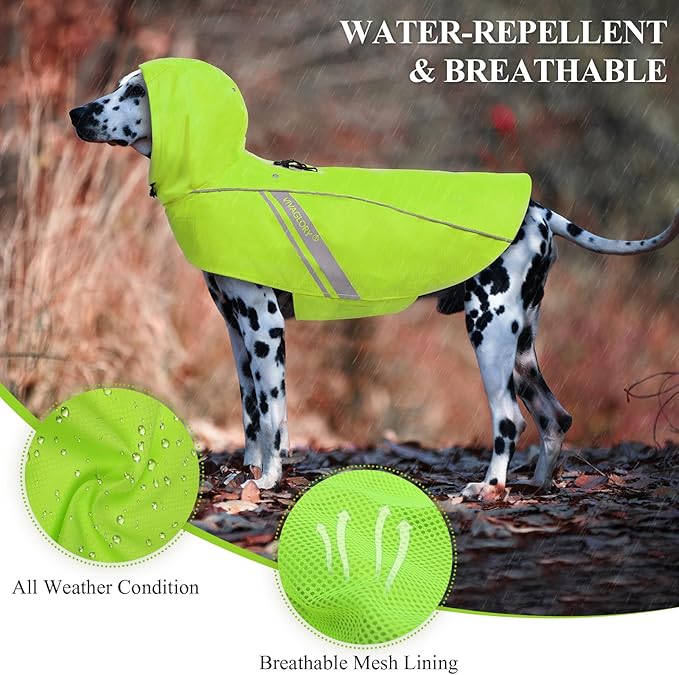 VIVAGLORY Wetoff Dog Raincoat, Rain Coat for Dog All Seasons Adventure, Rain Jacket with Harness Hole & Hood, Reflective Lightweight Waterproof for Doggy & Puppy, L, Bright Yellow