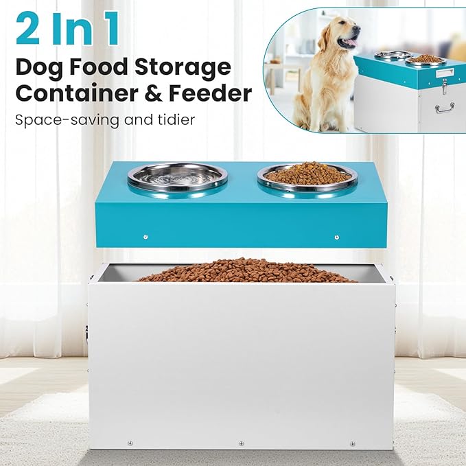 Elevated Dog Bowls with Storage Large Breed 15" H Raised Dog Bowl, 2 in 1 Pet Food Storage Container & Feeder, Galvanized Steel Pet Feeder Feeding Station, Holds Up to 45lbs (L)
