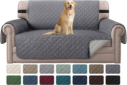 H.VERSAILTEX Loveseat Couch Cover Reversible Couch Covers for 2 Cushion Couch Water Resistant Furniture Protector Cover with Elastic Strap for Pets Kids(Loveseat, Grey/Beige)