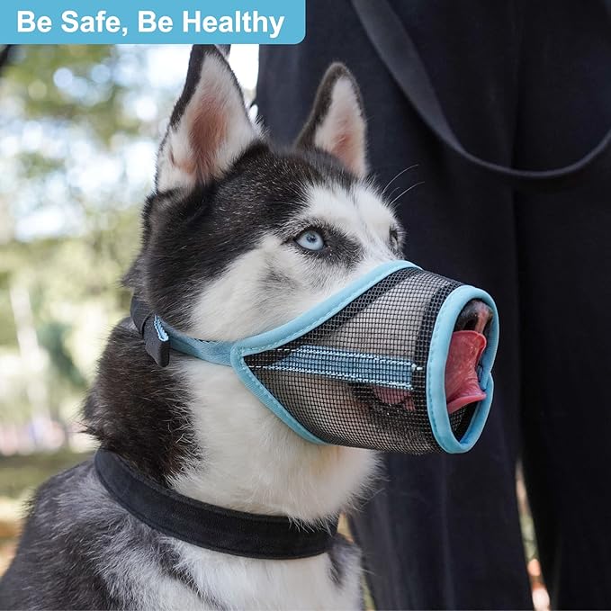 LUCKYPAW Dog Muzzle, Mesh Muzzle for Small Medium Dogs, Soft Mouth Cover to Prevent Biting Chewing, Drinkable Breathable Adjustable Puppy Mouth Guard(M, Baby Blue)