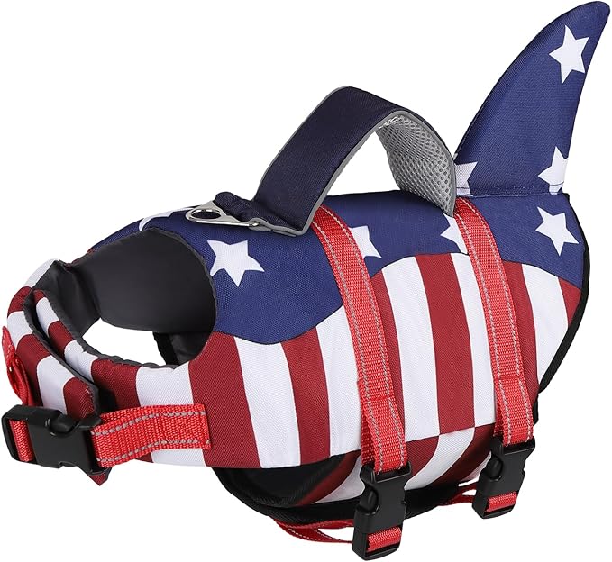 TDTOK Dog Life Jacket Shark Fin American Flag Pattern with Rescue Handle and Reflective Stripes Suitable for 4th of July, High Buoyancy Life Safety Vest for Dogs Swimming and Boating (Small)