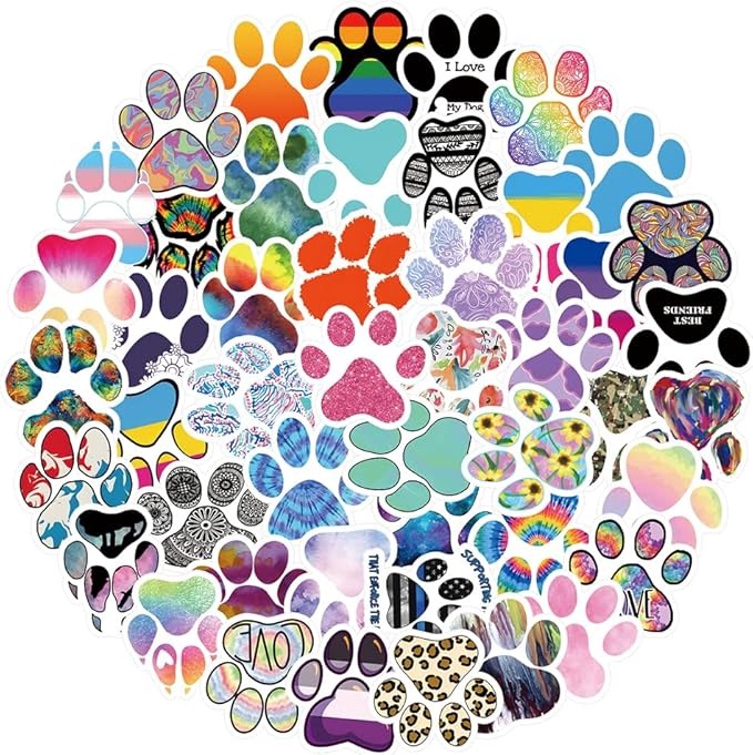 Paw Print Stickers 53pcs Cat Dog Animals Pack | Cool Colorful Deacls Graffiti for Water Bottle Skateboard Luggage Laptop Computer Phone