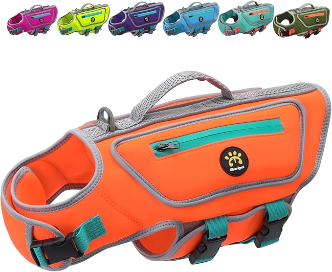 Dog Life Jacket for Puppy Small Dogs, High Buoyancy Dog Swim Vest with D-Ring, Adjustable Dogs Lifevest Swimsuit with Reflective Stripes, Pet Safety Vest for Swimming Boating, Orange, XXS
