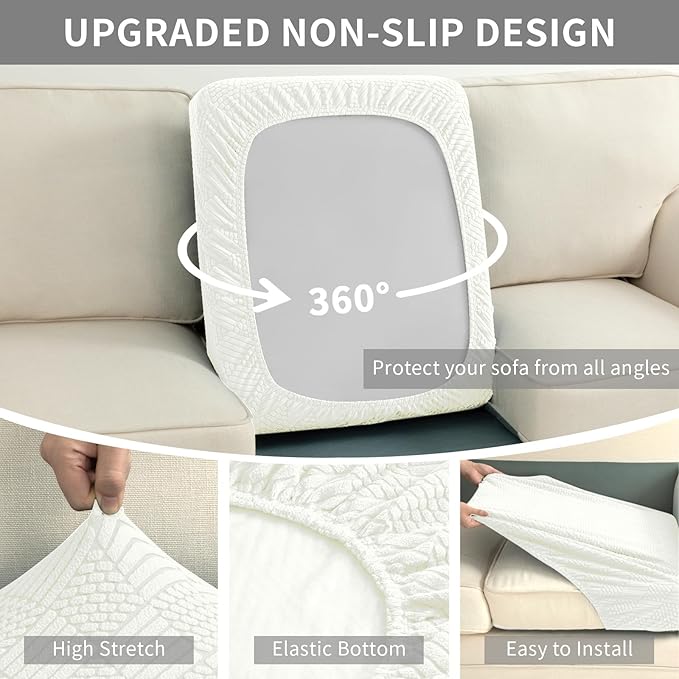 Easy-Going Waterproof Couch Cushion Covers for Couches and Sofas, Stretch Jacquard Sofa Seat Cover Replacement for Dogs, Pets & Kids, Durable Furniture Protector for Loveseat Cushions, Ivory