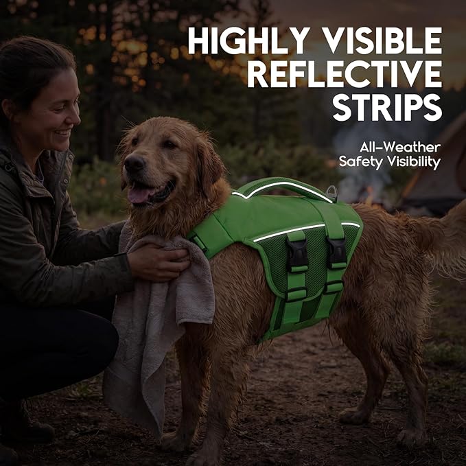 ASENKU Dog Life Jacket, High-Buoyancy Reflective Dog Swimming Vest with Durable Handles for Small/Medium/Large Dogs - Pool, Beach, Boating (Green, M)